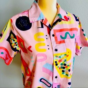 Meow Wolf Greebles Pink Geometric Pop Art Print Button-Up Short Sleeve Shirt
